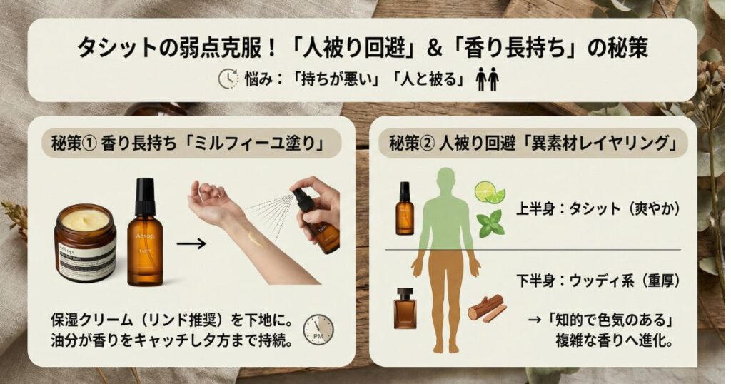 タシットの弱点克服!「人被り回避」と「香りが長持ちする秘策」