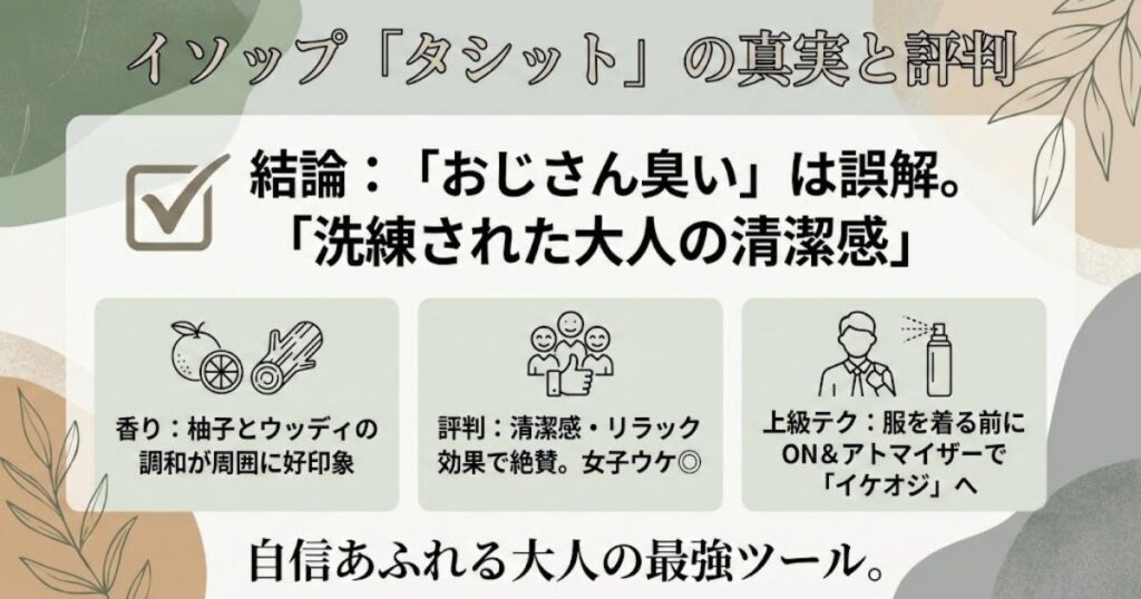 イソップタシットはおじさん臭い？評判と女子ウケの真実を調査！まとめ