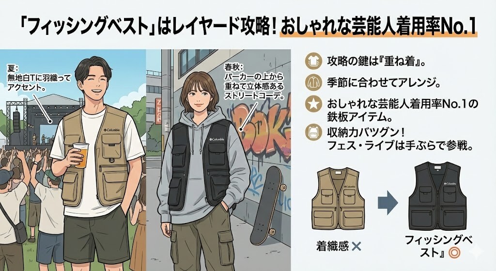 コロンビアの「フィッシングベスト」はレイヤード攻略