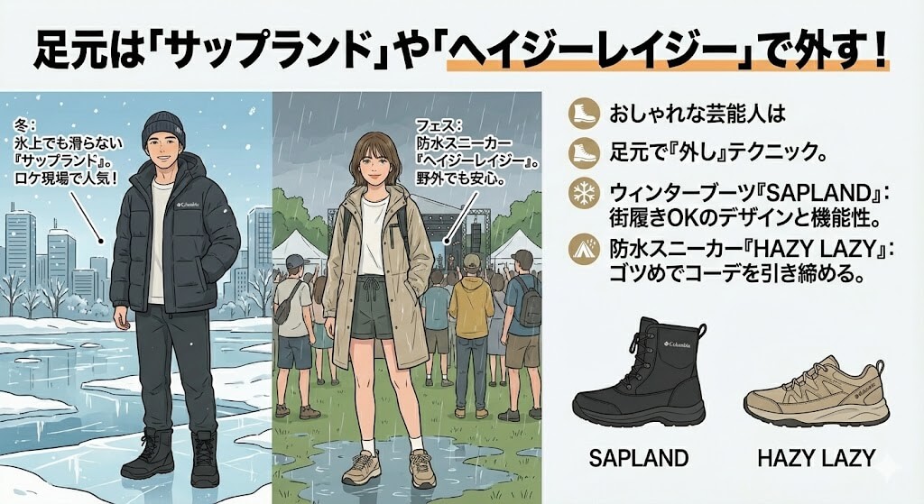 コロンビアの足元は「サップランド」や「ヘイジーレイジー」で外す