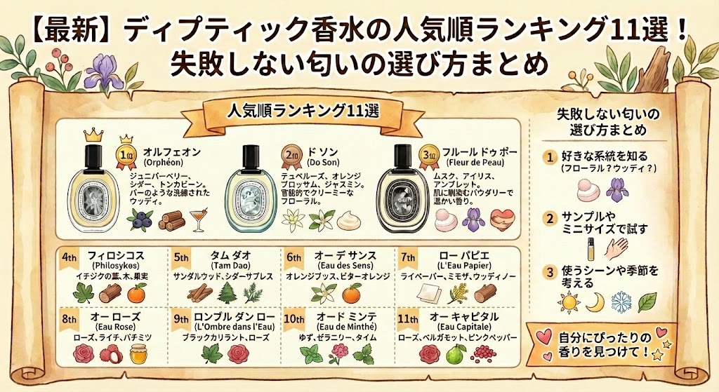 【2026最新】ディプティック香水の人気順ランキング11選！失敗しない匂いの選び方まとめ