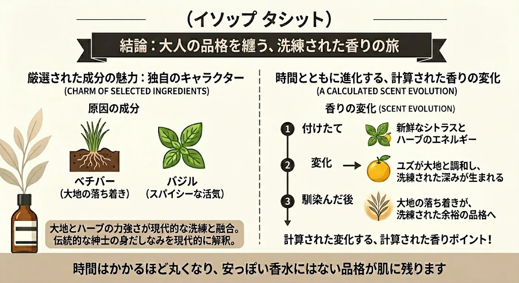 結論:イソップタシットは「おじさん」ではなく「洗練された大人」の香り